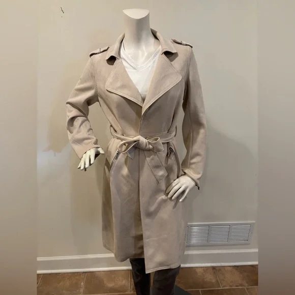 Tahari Light Beige Faux Leather Trench Coat with Waist Tie, Size Medium - Picture 1 of 16